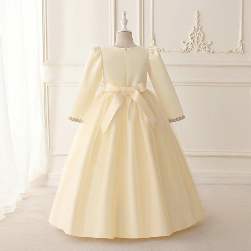 Girls Cream Embroidered Fit & Flare Dress With Long Sleeves Casual Dresses