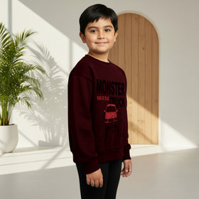 Boys Maroon Monster Truck Graphics Round Neck Sweatshirt Sweatshirts & Hoodies
