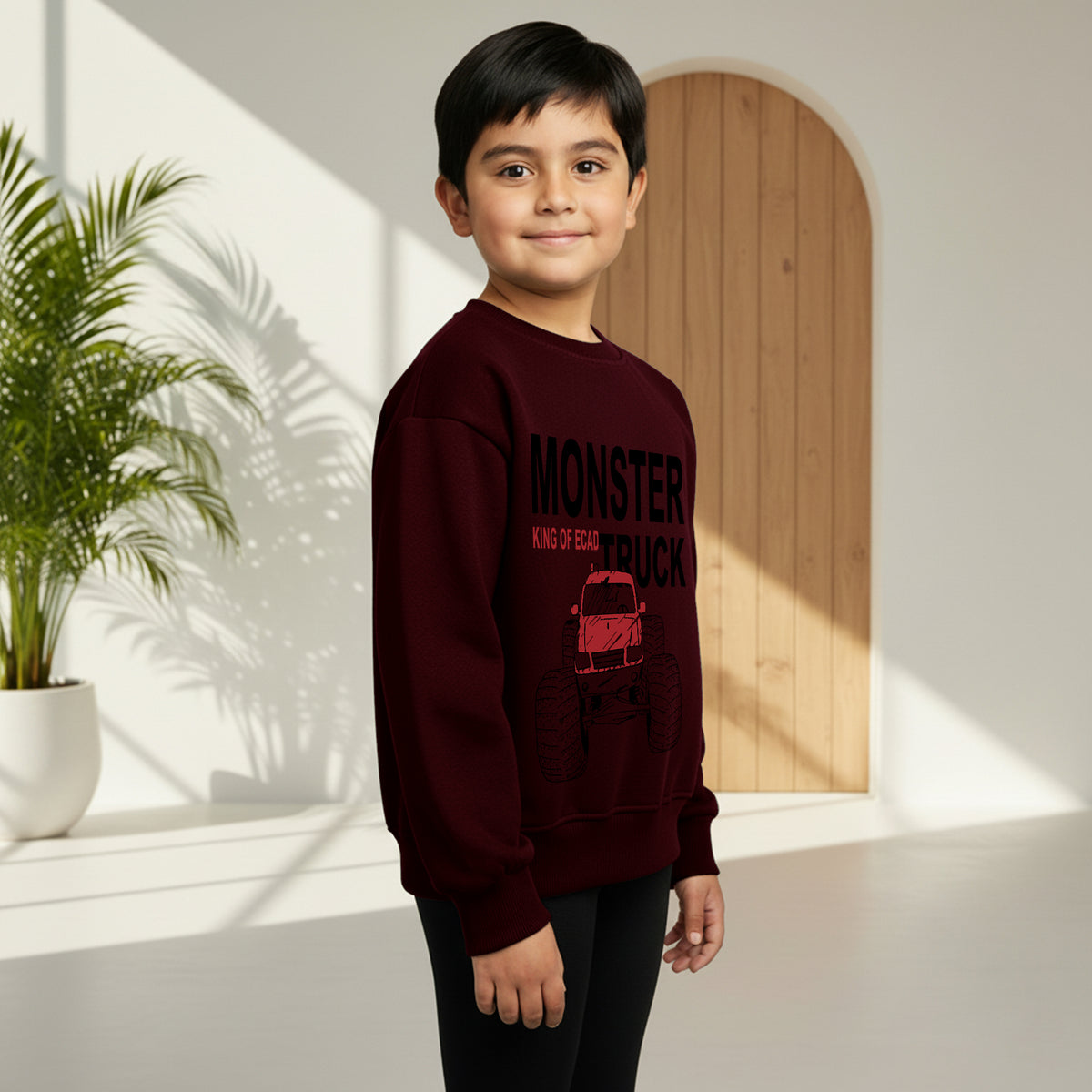 Boys Maroon Monster Truck Graphics Round Neck Sweatshirt Sweatshirts & Hoodies