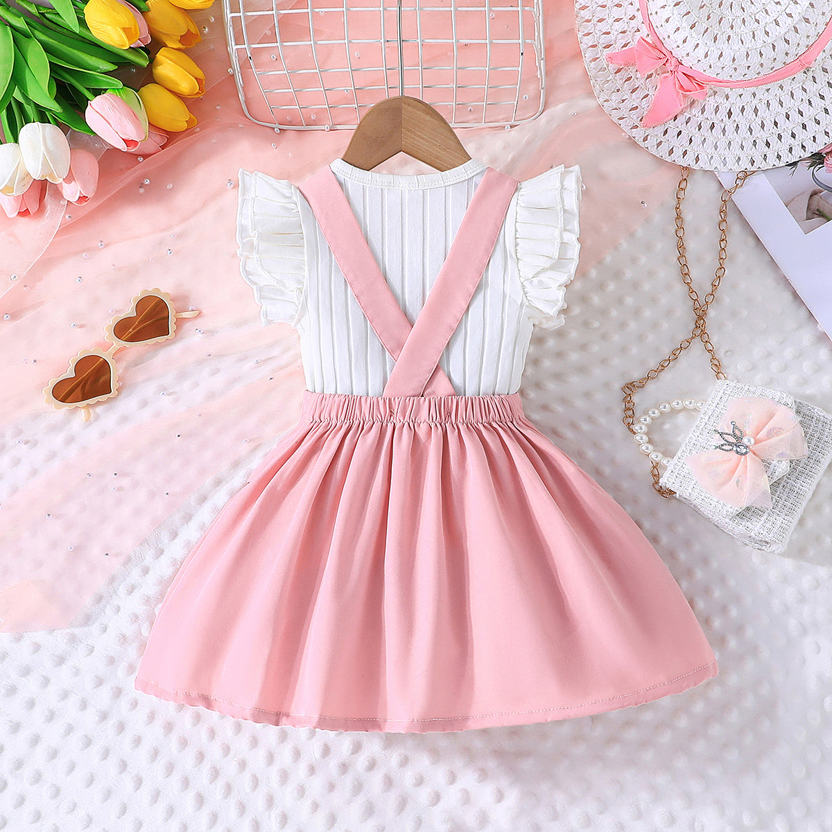 Girls Pink Solid Skirt With Self Designed Top Summer Set 2 pc. Sets