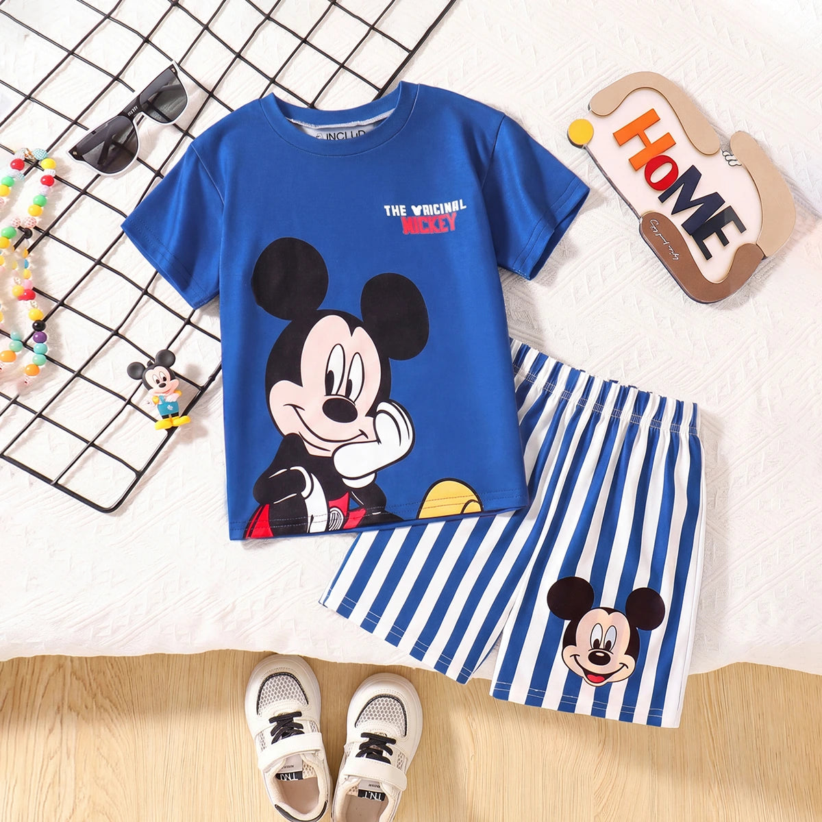 Boys Blue Mickey Mouse Print Short Sleeve T-Shirt With Shorts Sets 2 pc. Sets Blue 3-4 Y