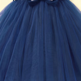 Girls dark blue high-low party dress with velvet bodice