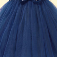 Girls dark blue high-low party dress with velvet bodice