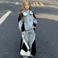 Girls Grey Colorblocked High Neck Sweatshirt With Pants Co-ord Sets Sets