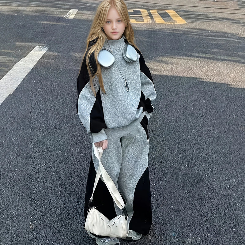 Girls Grey Colorblocked High Neck Sweatshirt With Pants Co-ord Sets Sets