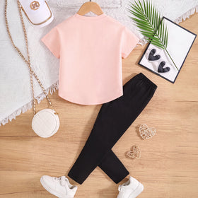 Girls Pink Short Sleeve Heart Print T-Shirt With Pants Sets 2 pc. Sets