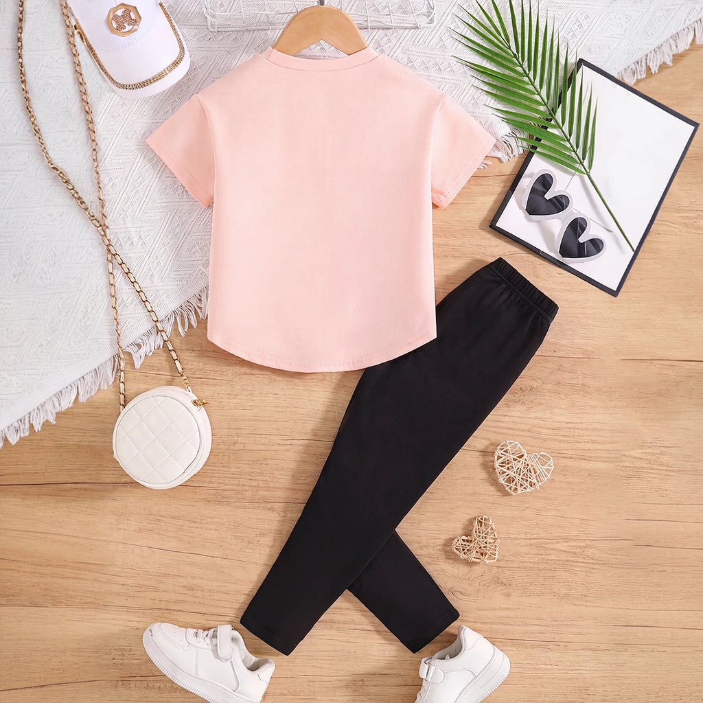 Girls Pink Short Sleeve Heart Print T-Shirt With Pants Sets 2 pc. Sets