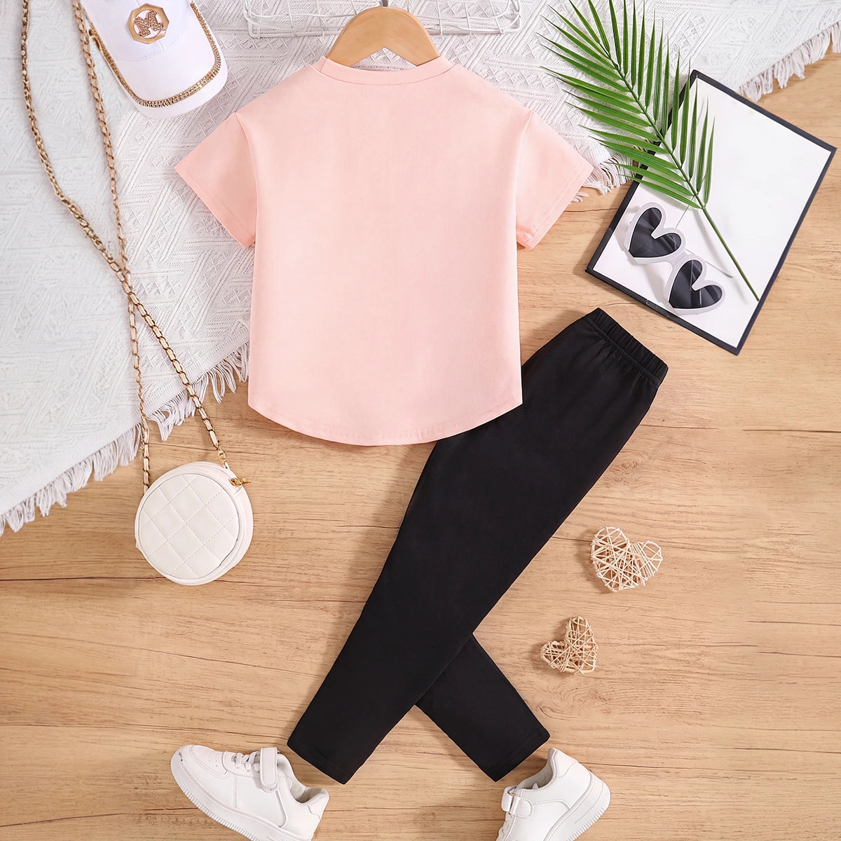 Girls Pink Short Sleeve Heart Print T-Shirt With Pants Sets 2 pc. Sets