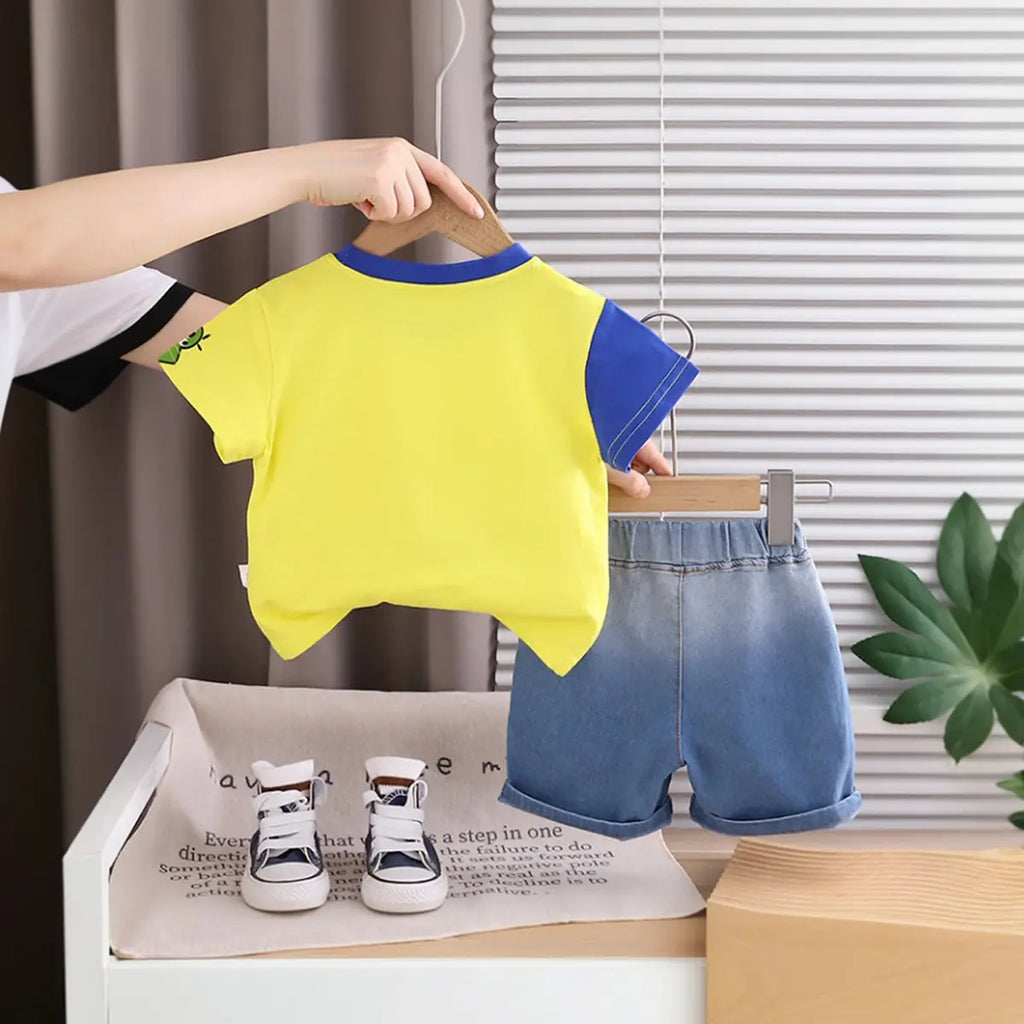 Boys Yellow Excavator Graphic Short Sleeve T-Shirt with Denim Shorts Sets 2 pc. Sets