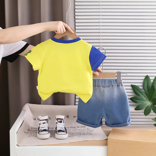 Boys Yellow Excavator Graphic Short Sleeve T-Shirt with Denim Shorts Sets 2 pc. Sets