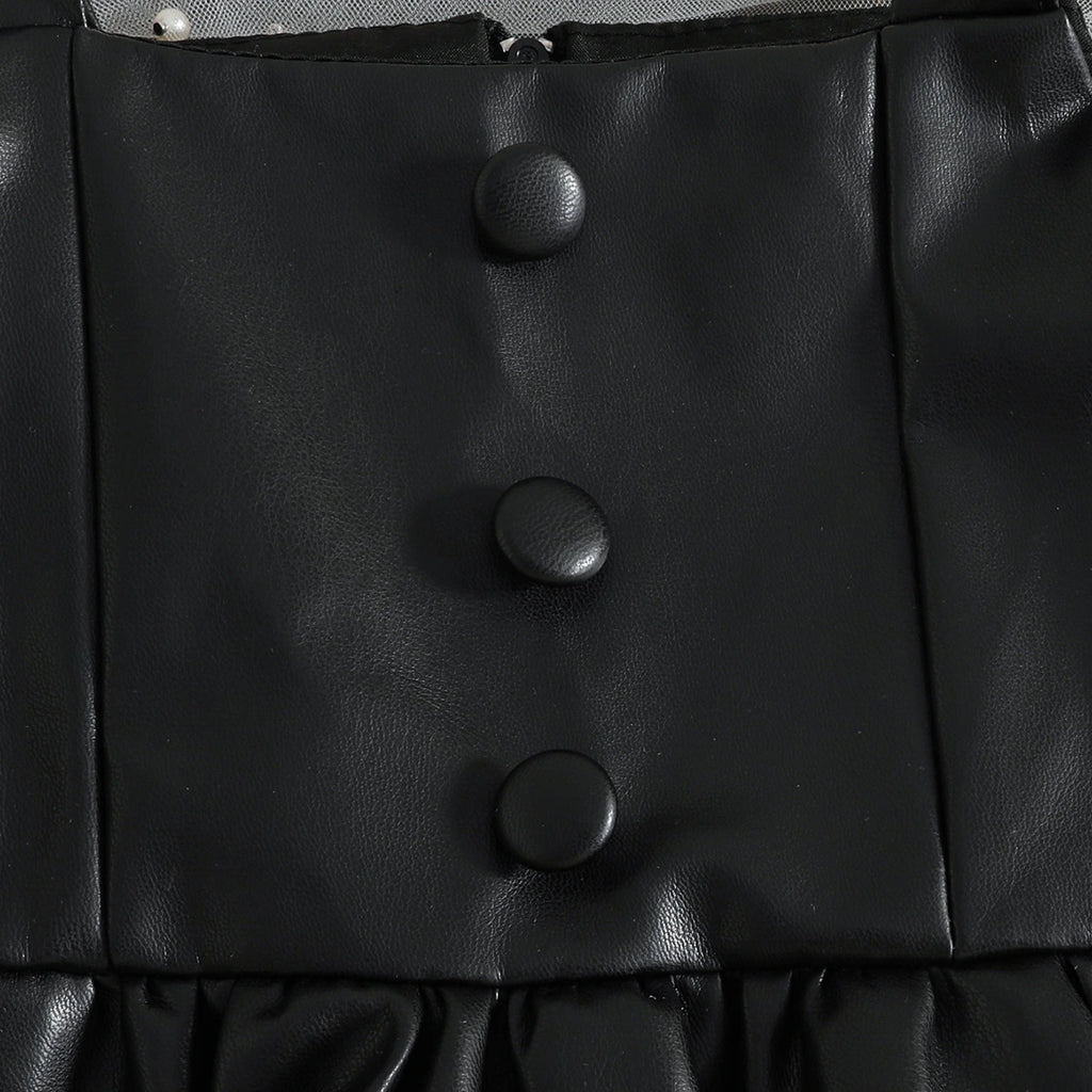 Girls Black Faux Leather Pinafore Dress With Long Sleeves T-Shirt Casual Dresses