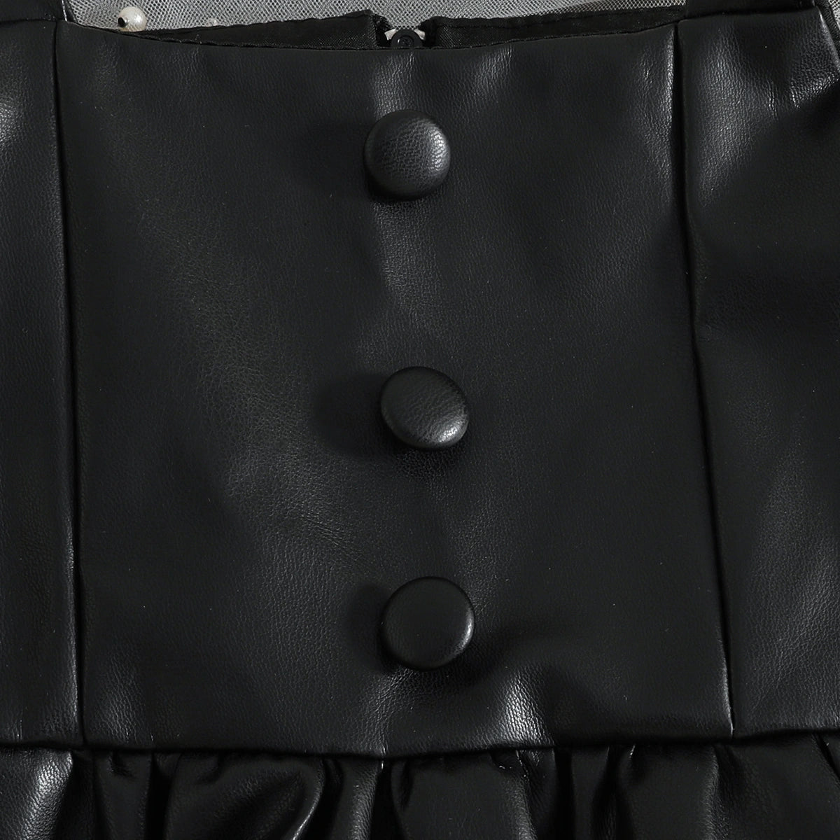 Girls Black Faux Leather Pinafore Dress With Long Sleeves T-Shirt Casual Dresses