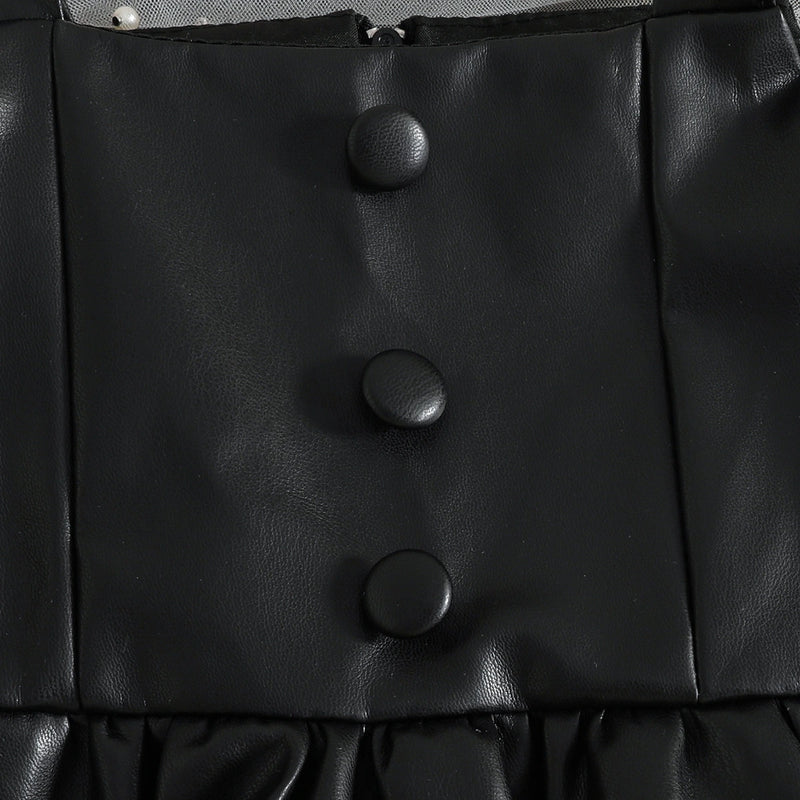 Girls Black Faux Leather Pinafore Dress With Long Sleeves T-Shirt Casual Dresses