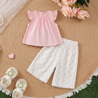 Girls Pink Flutter Sleeve Top With Floral Print Capri Sets 2 pc. Sets Pink 1-2 Y