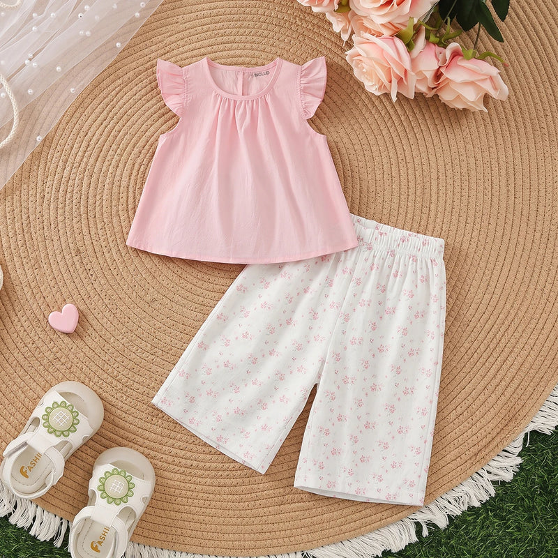 Girls Pink Flutter Sleeve Top With Floral Print Capri Sets 2 pc. Sets Pink 1-2 Y