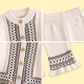 Girls Off White Geometric Knitted Cardigan & Pants Co-ord Sets Sets