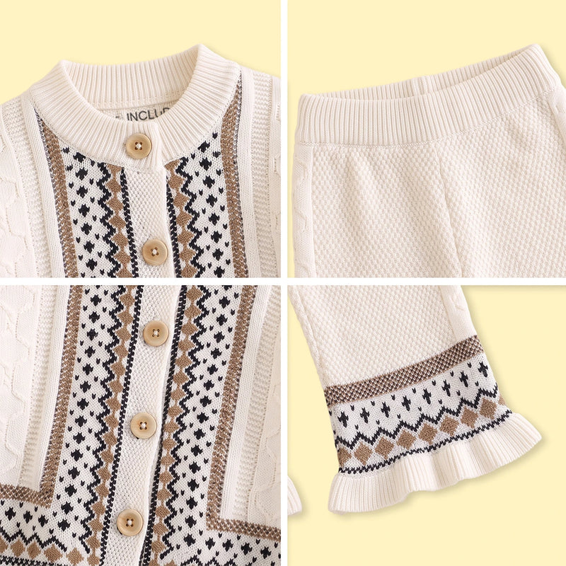 Girls Off White Geometric Knitted Cardigan & Pants Co-ord Sets Sets