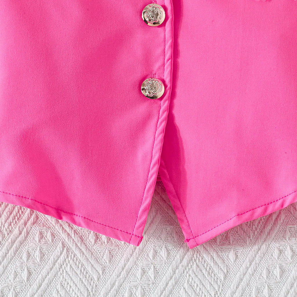 Girls Pink Flower Applique Short Sleeves Top With Pleated Skirts Co-ord Sets Sets