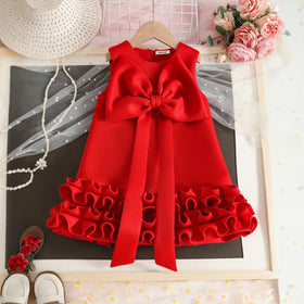 Girls Red Sleeveless Large Bow Applique A-line Party Wear Dress Party Dresses Red 2-3 Y