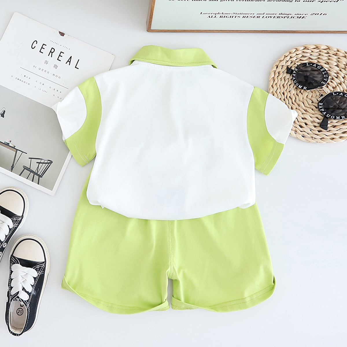 Boys Green Cat Applique Color-blocked Polo T-Shirt With Shorts Set 2 pc. Sets