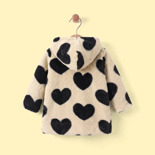 Girls Beige Heart Long Sleeve Faux Fur Hooded Jacket Coats & Jackets