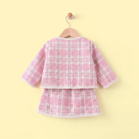 Girls Pink Checked Long Sleeve Jacket With Skirt Sets 2 pc. Sets