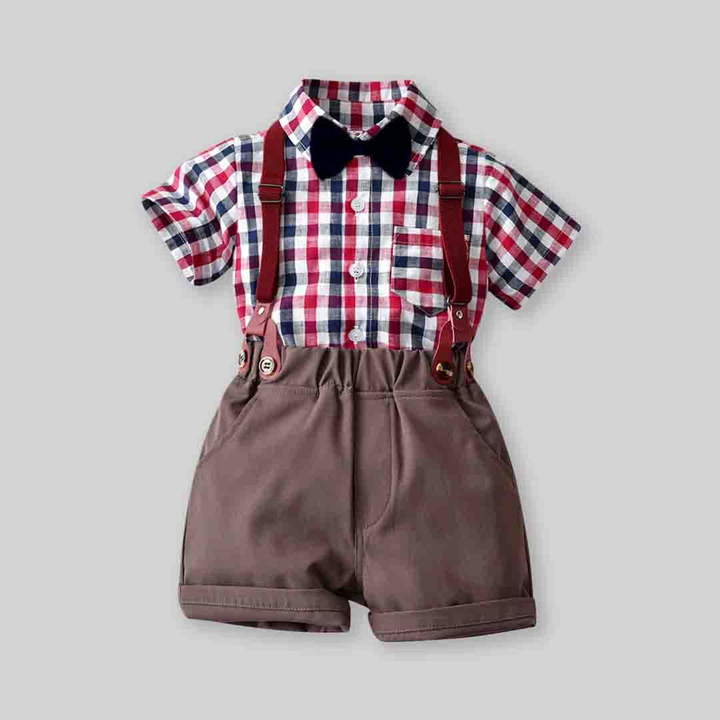 Boys Checkered Print Shirt With Suspender Shorts Set