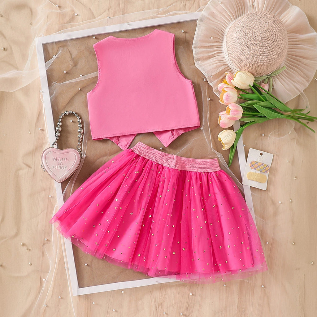 Girls Pink Sleeveless Top With Star Foil Print Flared Skirt Sets 2 pc. Sets