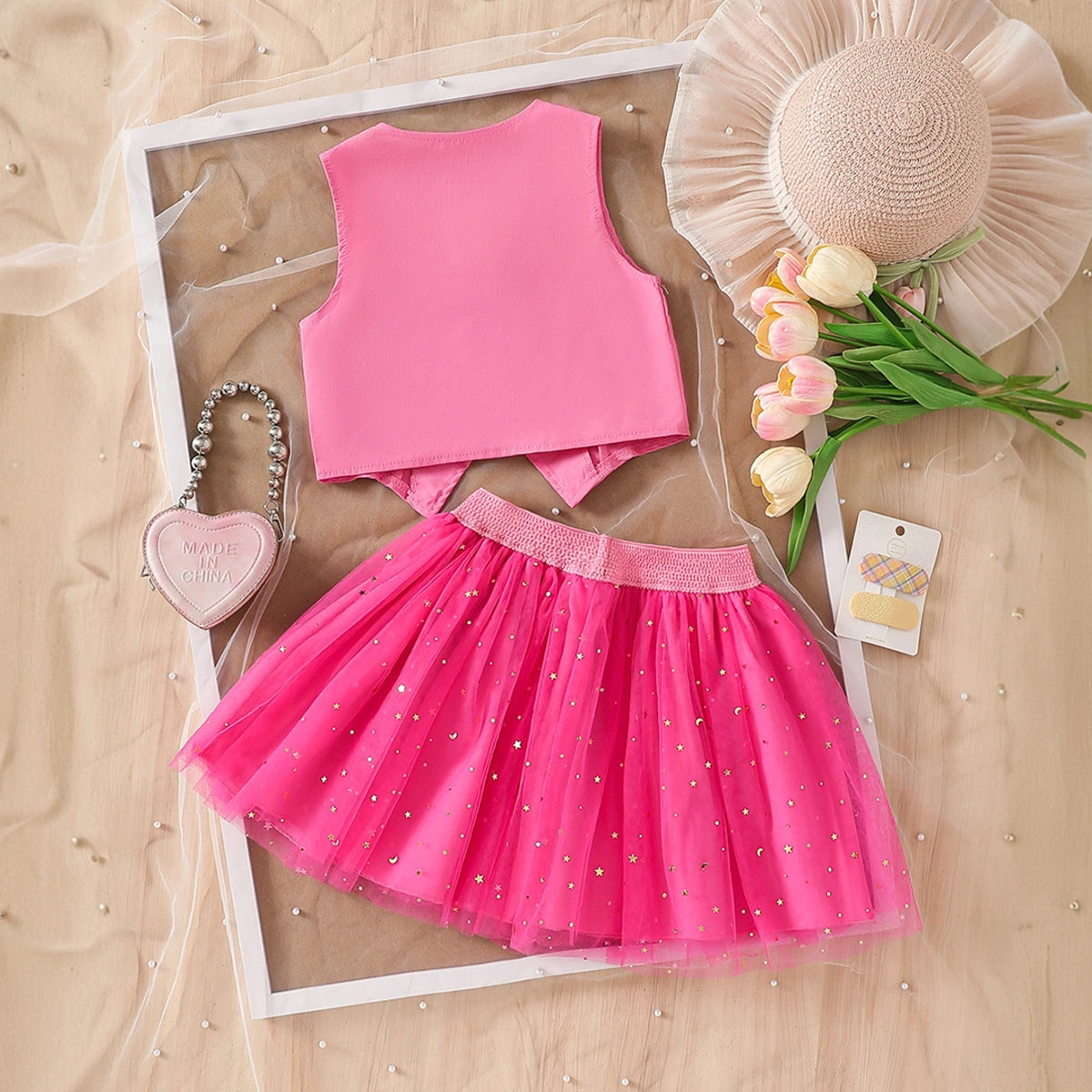 Girls Pink Sleeveless Top With Star Foil Print Flared Skirt Sets 2 pc. Sets