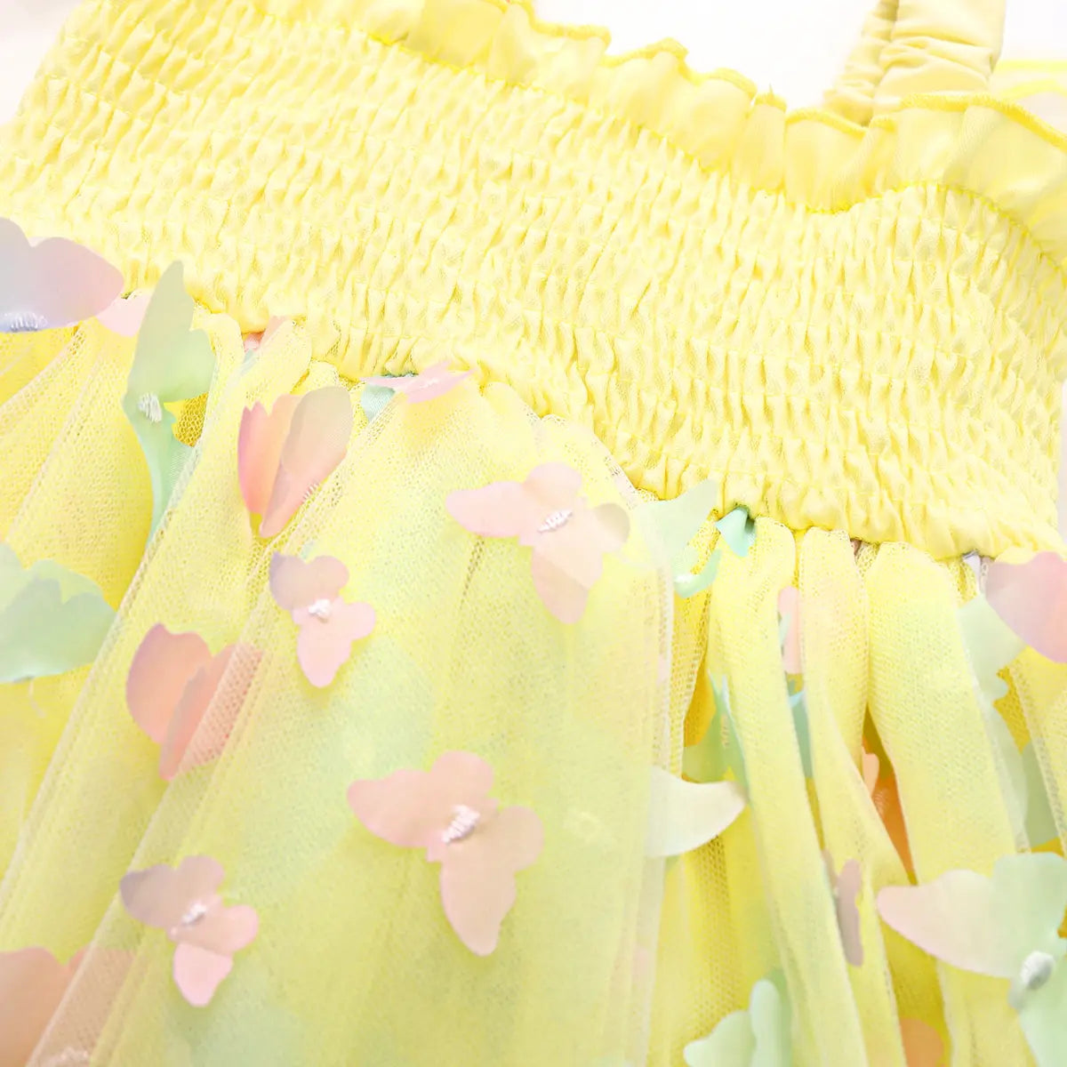 Girls Lime Yellow 3D Butterfly Wing Applique Tulle Overlay Fit & Flare Dress Casual Dresses