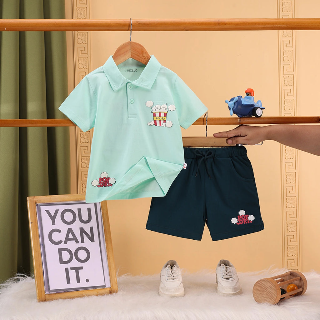 Boys Green Popcorn Graphic Polo T-shirt With Drawstring Shorts Sets Sets Green 6-12 M