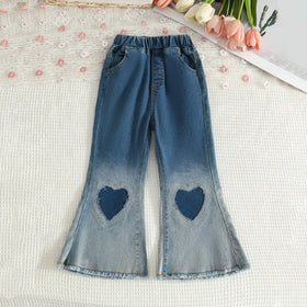 Girls White 3D Flower Applique Sleeveless Top With Flared Denim Pants Set Sets
