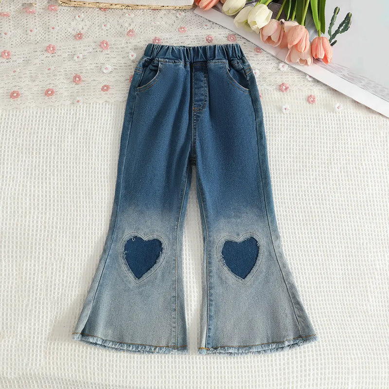 Girls White 3D Flower Applique Sleeveless Top With Flared Denim Pants Set Sets