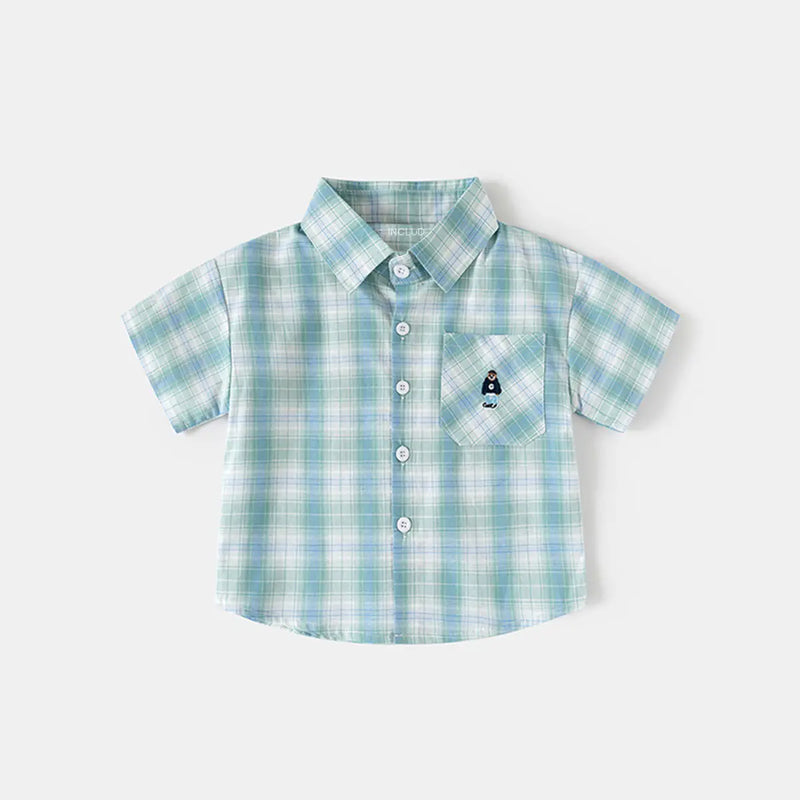 Boys Light Green Checked Short Sleeves Shirt With Shorts Sets Sets