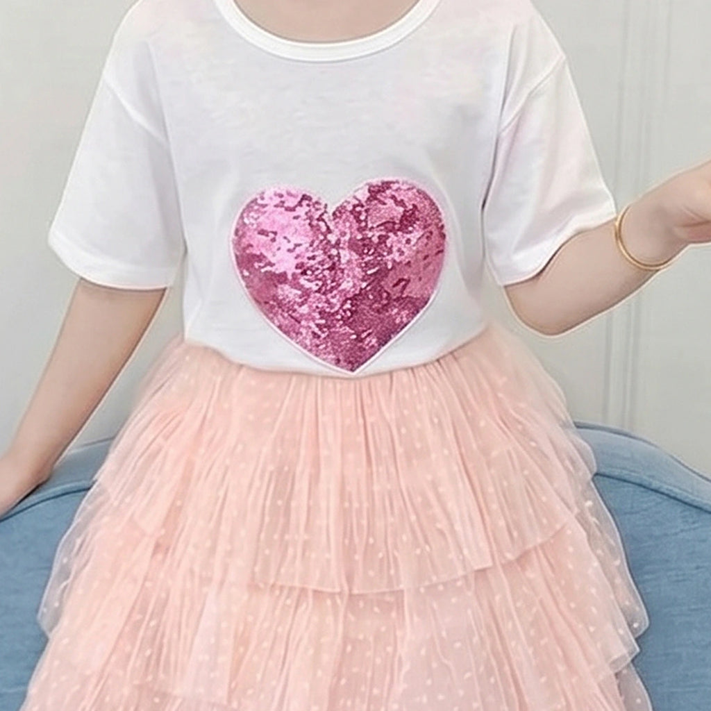 Girls White Sequin Heart Applique Short Sleeve T-Shirt With Skirt Sets 2 pc. Sets