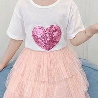 Girls White Sequin Heart Applique Short Sleeve T-Shirt With Skirt Sets 2 pc. Sets