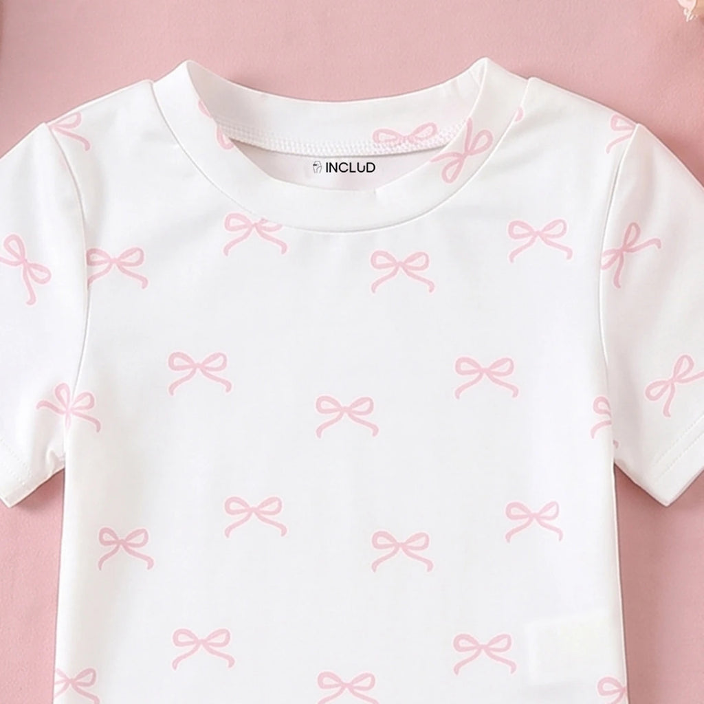 Girls White Bow Printed Top With Tiered Skirt Sets 2 pc. Sets