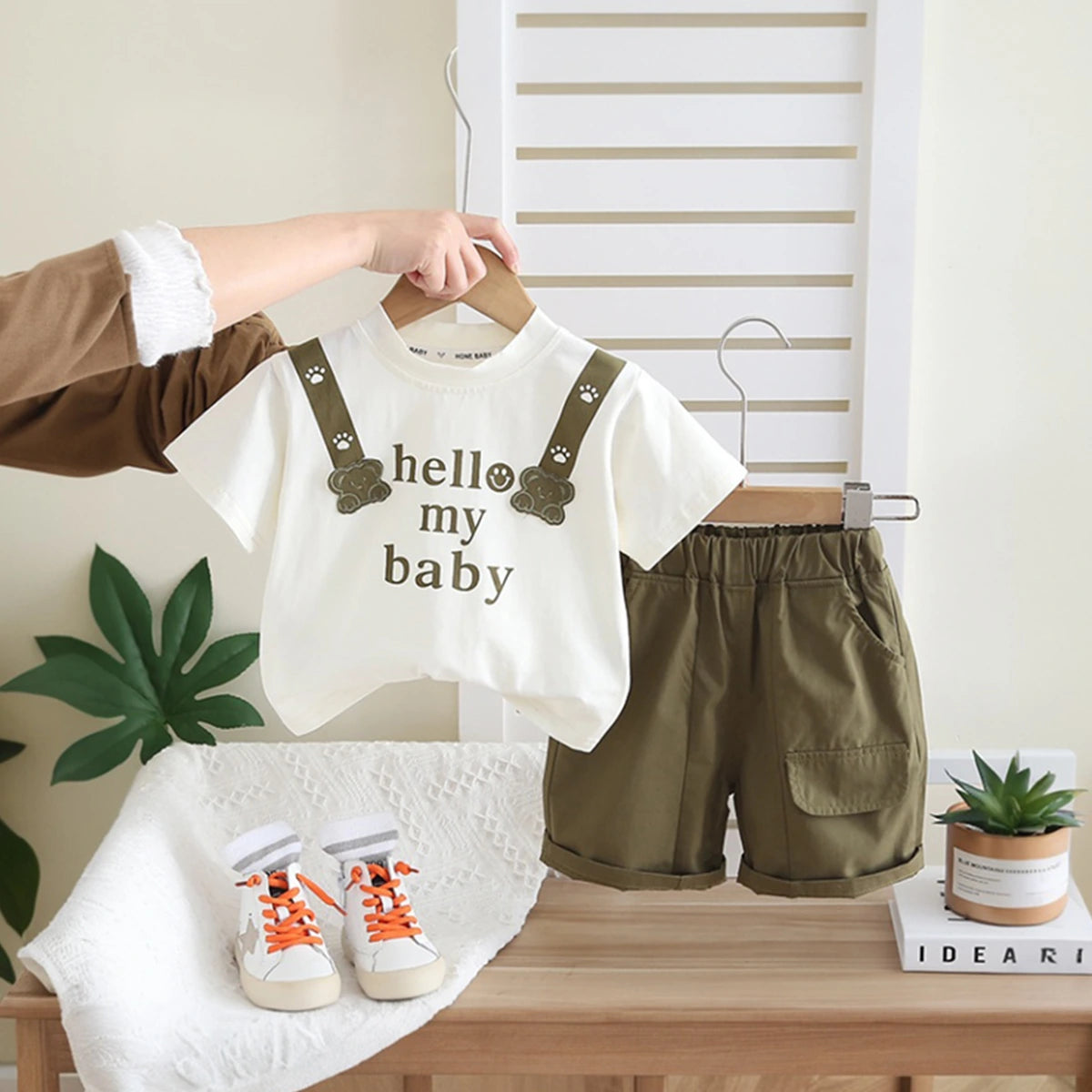 Boys Olive Green Typographic Printed Short Sleeve T-Shirt With Shorts Sets 2 pc. Sets Olive 1-2 Y
