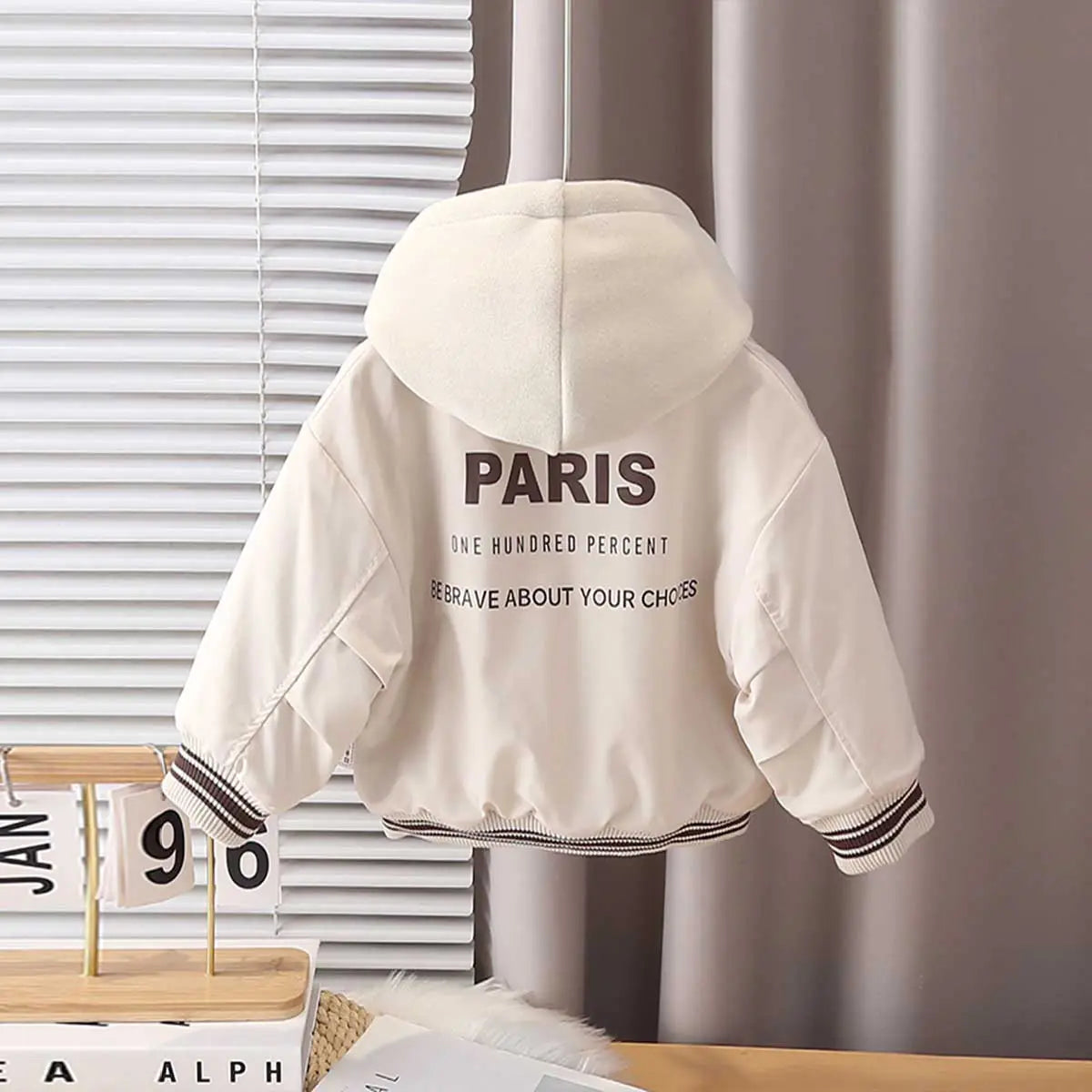 Boys Beige Typographic Printed Hooded Zipper Jacket Coats & Jackets