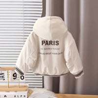 Boys Beige Typographic Printed Hooded Zipper Jacket Coats & Jackets