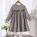 Girls Multicolor Checked Bow Long Sleeves A-line Dress Casual Dresses Multicolor 3-4 Y
