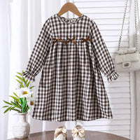 Girls Multicolor Checked Bow Long Sleeves A-line Dress Casual Dresses Multicolor 3-4 Y