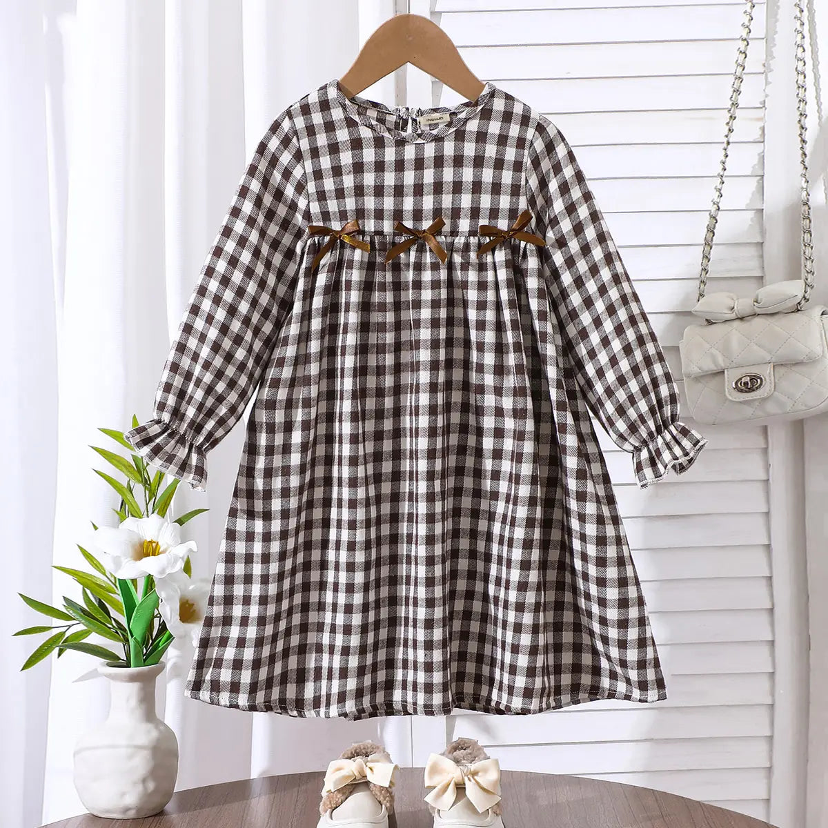 Girls Multicolor Checked Bow Long Sleeves A-line Dress Casual Dresses Multicolor 3-4 Y
