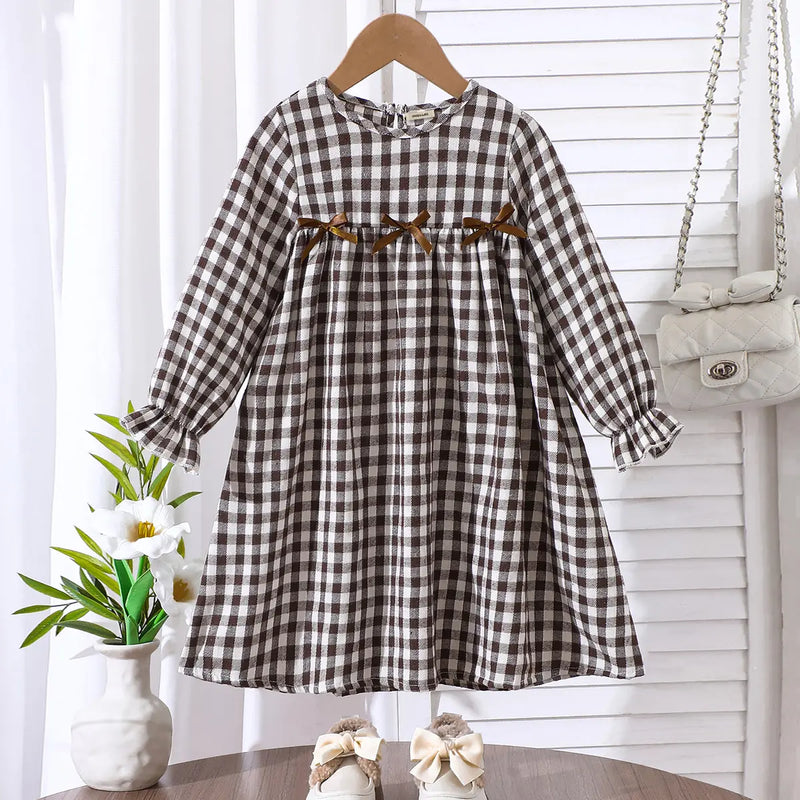 Girls Multicolor Checked Bow Long Sleeves A-line Dress Casual Dresses Multicolor 3-4 Y
