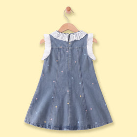 Girls Blue Star Print Short Sleeve Denim Dress Casual Dresses