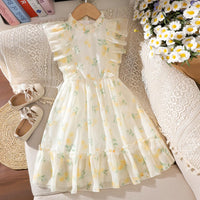 Girls Off White Floral Print Ruffe Neck Fit & Flare Dress Casual Dresses Off White 3-4 Y