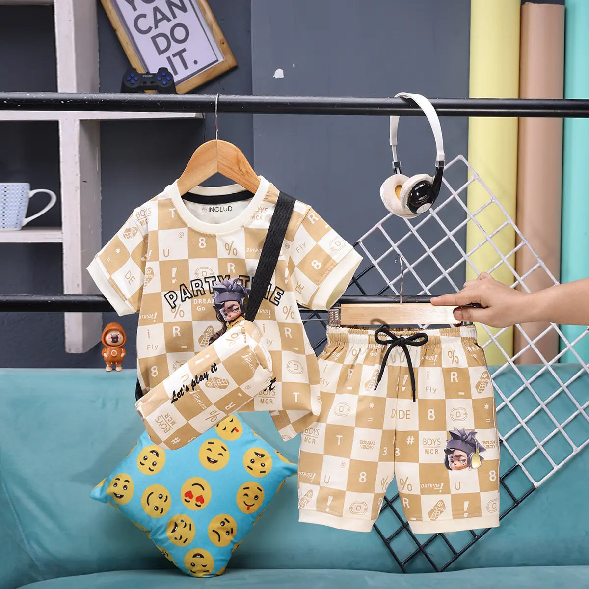 Boys Light Brown Check Graphic T-Shirt With Elasticated Shorts Sets Sets Light Brown 1-2 Y