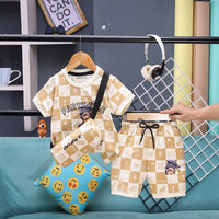 Boys Light Brown Check Graphic T-Shirt With Elasticated Shorts Sets Sets Light Brown 1-2 Y