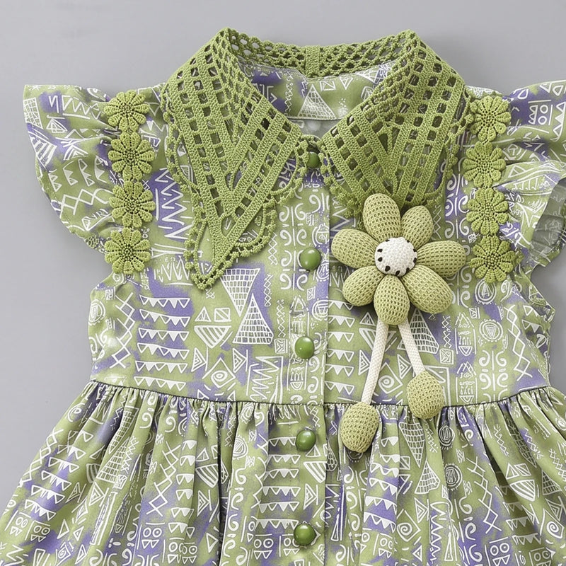 Girls Green Geometric Print Flutter Sleeve Top With Shorts Sets 2 pc. Sets