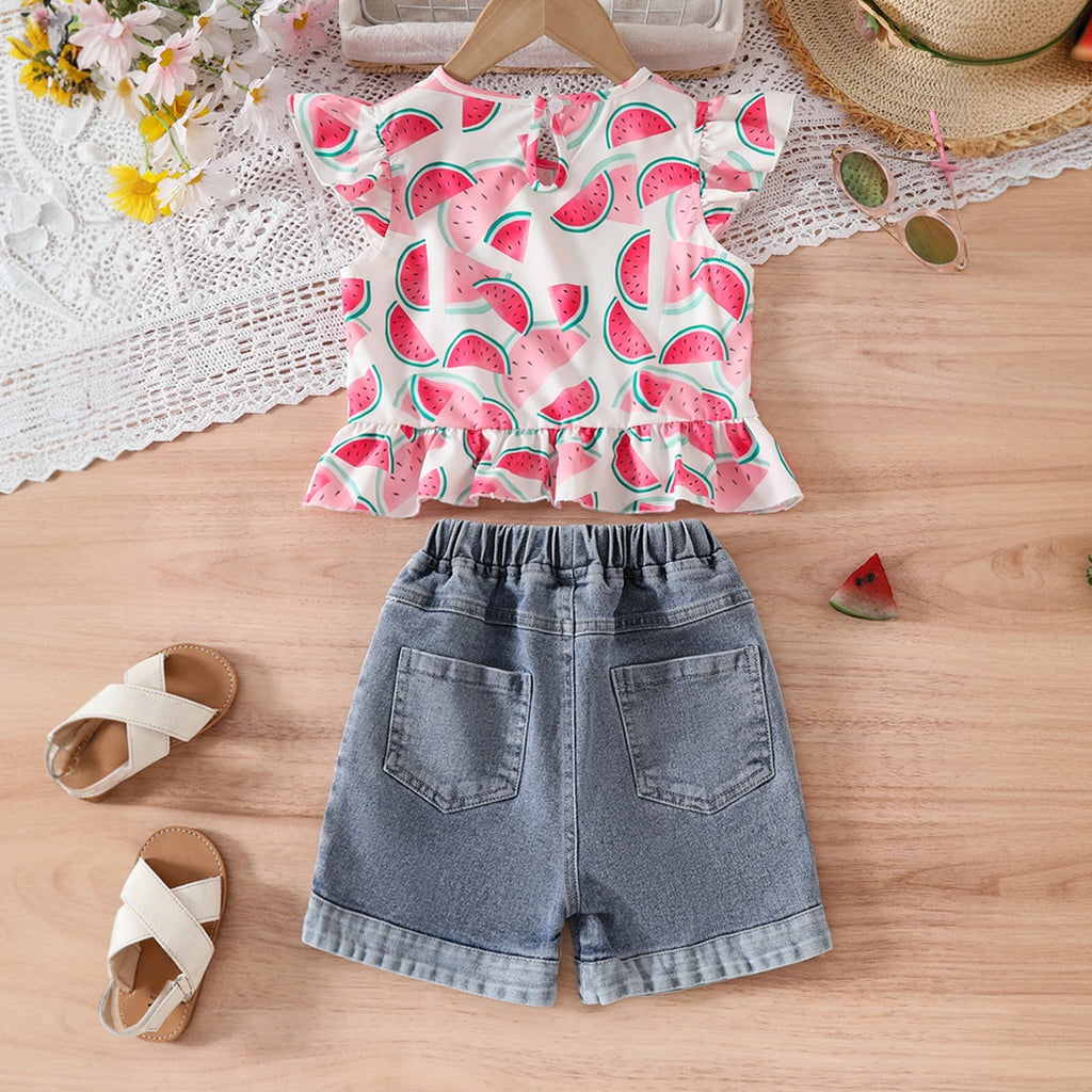 Girls Pink Watermelon Printed Ruffled Top With Denim Shorts Set Sets